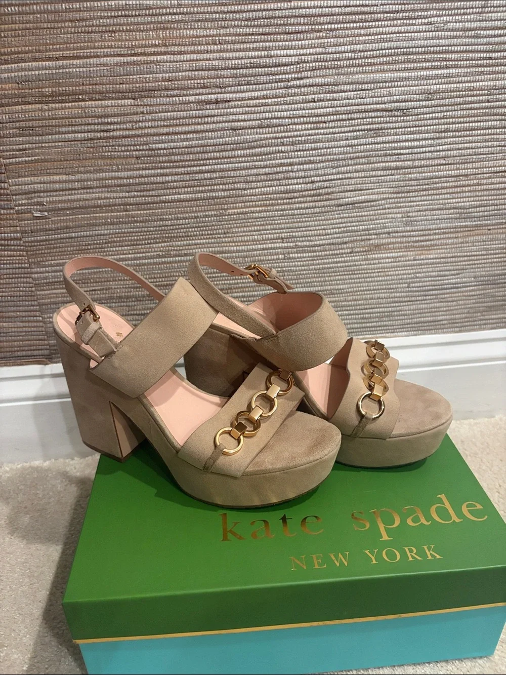 kate spade Beige Suede Platform Sandals with Gold Chain Detail